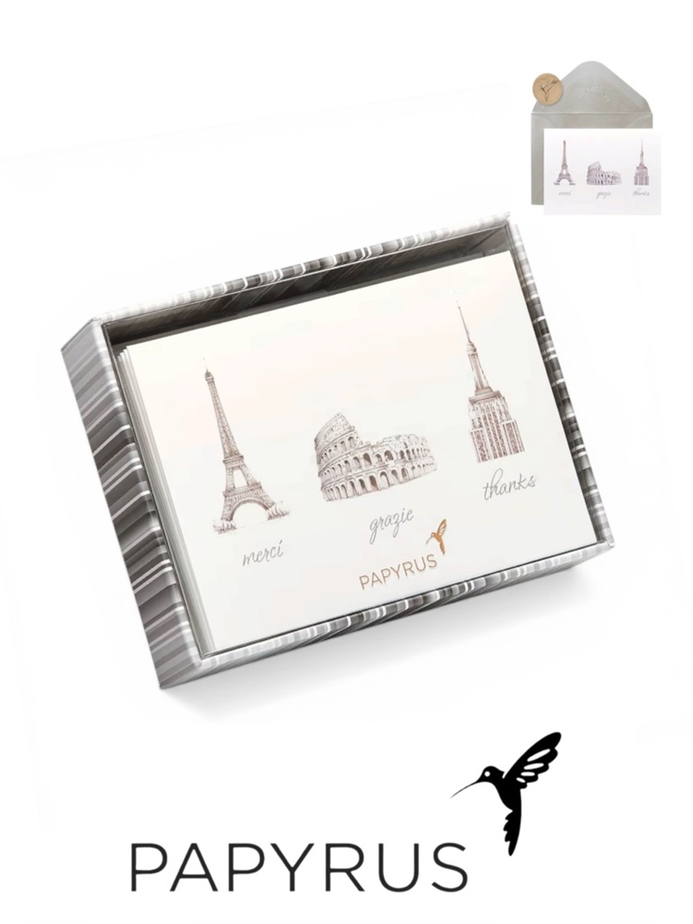 Papyrus Merci Grazie Thanks Boxed Thank You Cards 14 Ct Silver Envelopes BNIB
